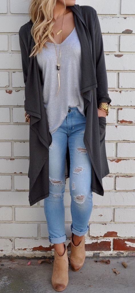 Womens Fashion Fall Outfit Gray Cardigans Coat