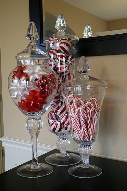 20 Super Easy Inexpensive Decor Ideas for Christmas – apothecary jars, candy, bows