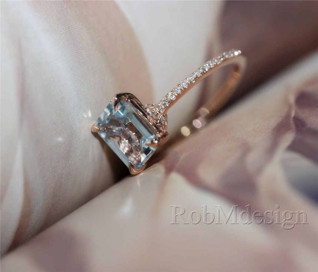 6*8mm VS Emerald Cut Aquamarine Ring Diamond Pave Setting Claw Prong 14k Rose Gold