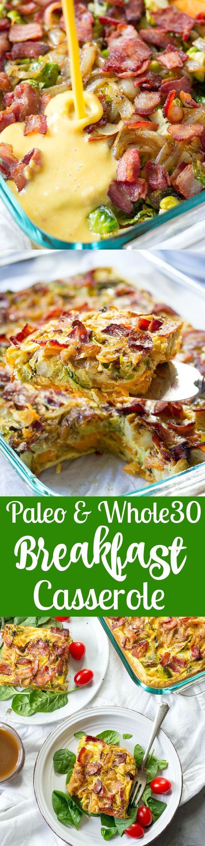 A paleo and whole30 breakfast casserole with layers of roasted sweet potatoes, bru