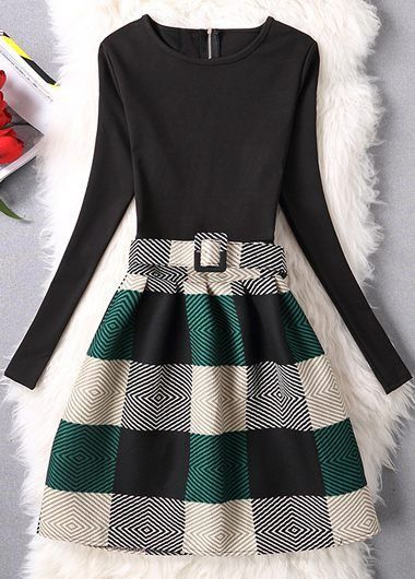 Belt Design Plaid Print A Line Dress  on sale only US$25.43 now, buy cheap Belt De