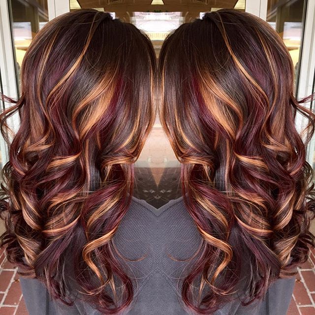 Brunette hair color with burnished blonde highlights Curly long brunette hair hoto