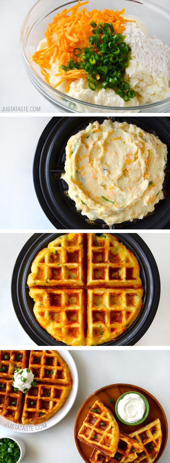 Cheesy Leftover Mashed Potato Waffles #recipe from justataste.com