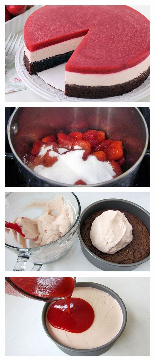 Chocolate Strawberry Mousse Cake. Layered cake with a brownie base, topped with cr