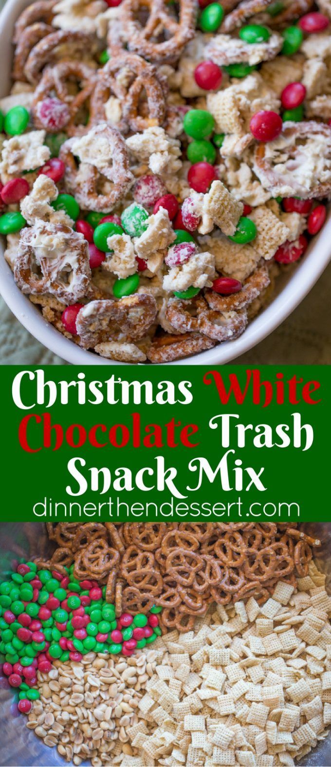 Christmas White Chocolate Trash Snack Mix with pretzels, cereal, peanuts and choco