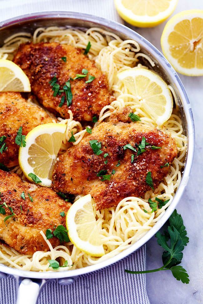 Crispy Parmesan Chicken with Creamy Lemon Garlic Pasta