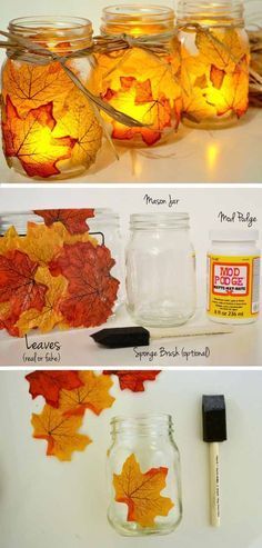 Fall Leaf Mason Jar Candle Holder | 17 DIY Thanksgiving Crafts for Adults, see mor