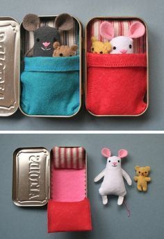 Felt mice in Altoid tin beds. Oh man, would my daughter have loved this when she w