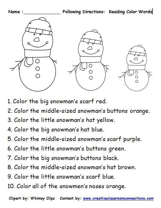 Free following directions with snowmen and color words. Other winter units availab