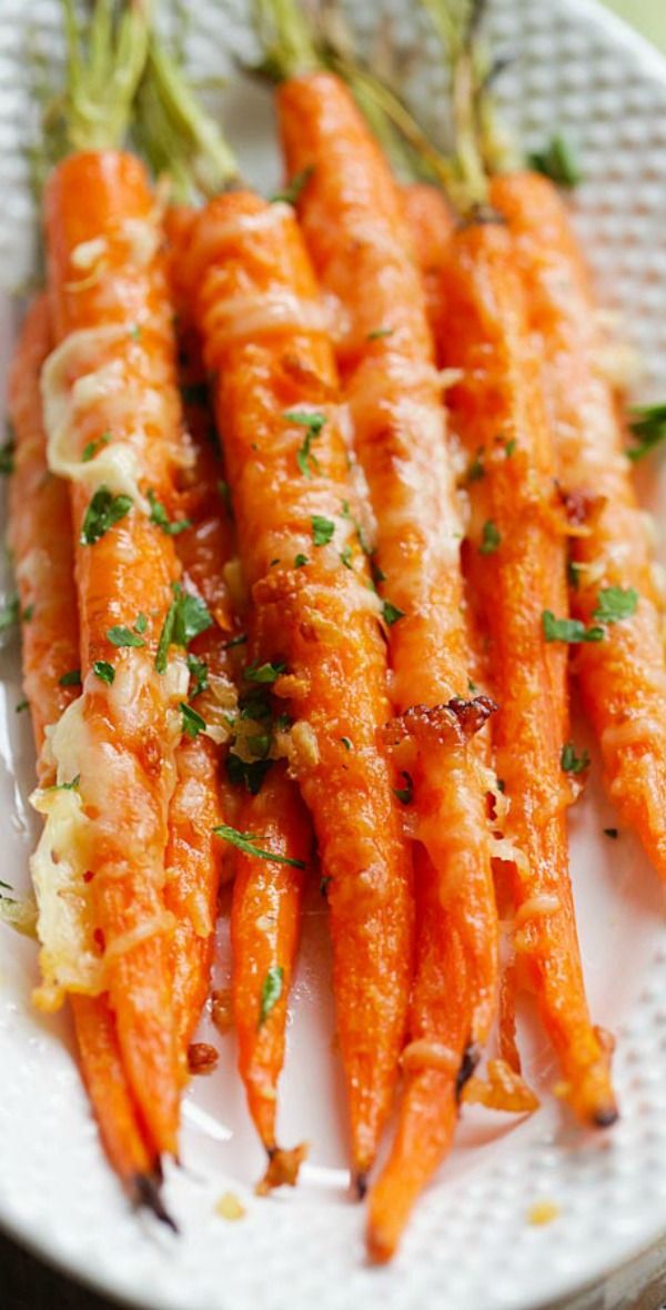 Garlic Parmesan Roasted Carrots – Oven roasted carrots with butter, garlic and Par