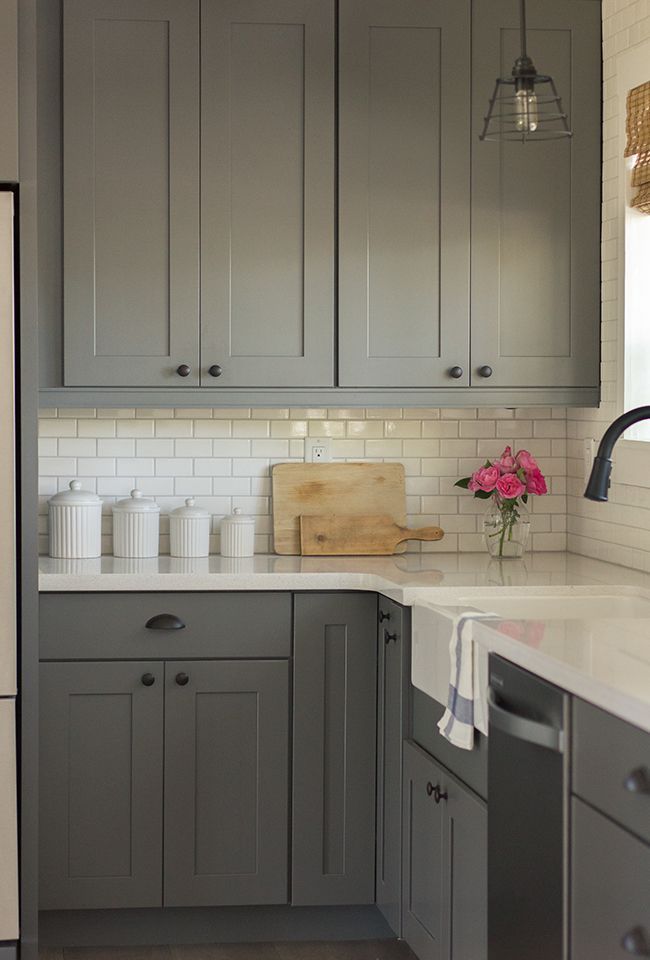 Gray kitchen cabinets (Kraftmaid Durham Maple Square in Grayloft and Dove White),