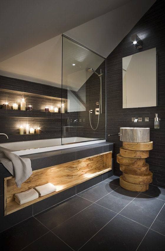 great with a large soaking style tub, dark looks good and the built in shelf in th