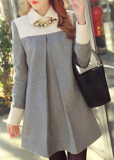 Grey and White Color Block Long Sleeve Wool Shift Dress