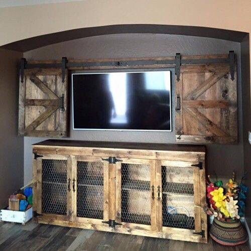 I really want to do this! Awesome barn decor entertainment center area!