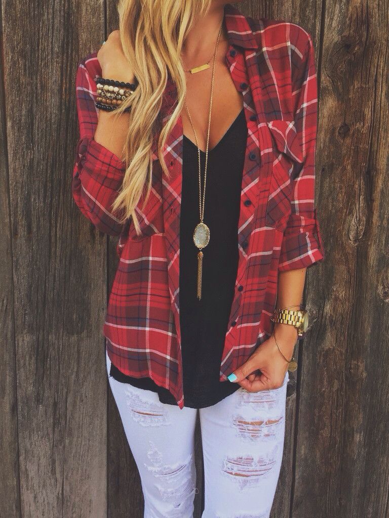 Love this while outfit. I especially love the plaid top with shirt underneath.