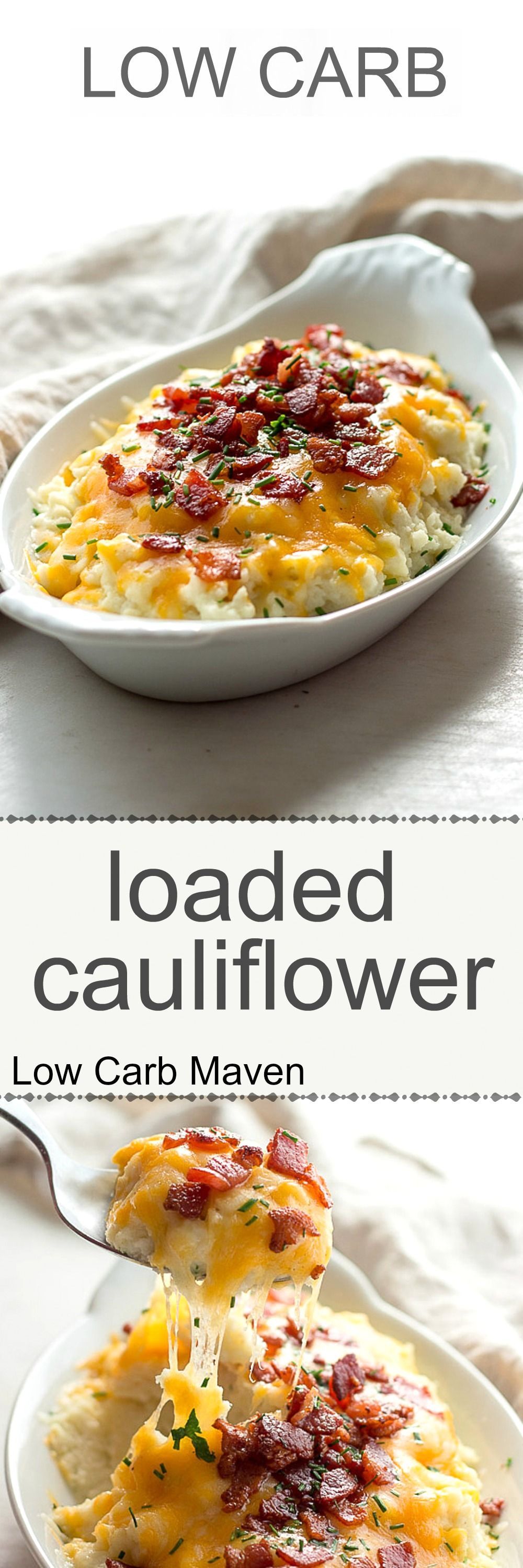 Low carb loaded cauliflower with sour cream, chives, cheddar cheese and bacon. Ket