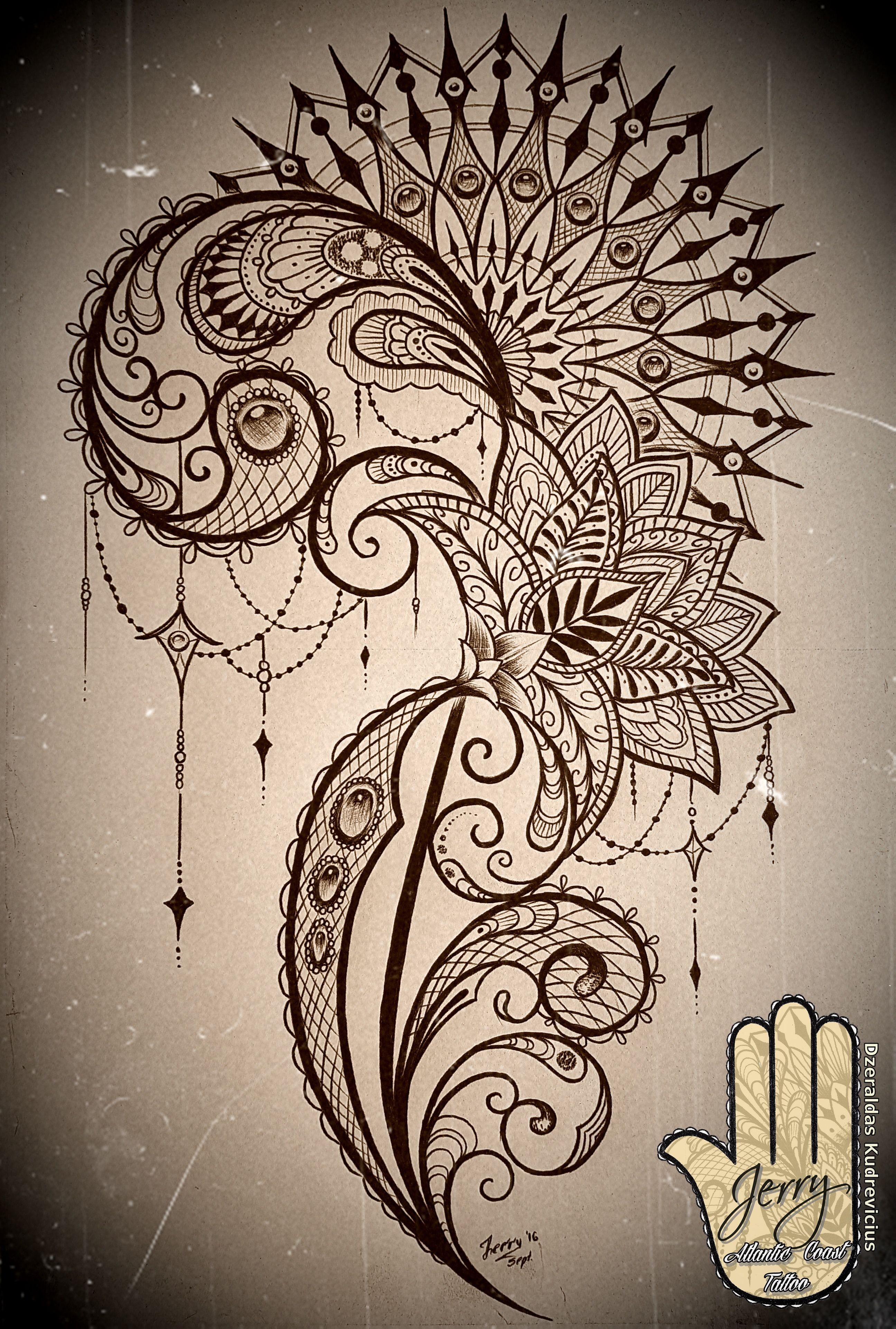 mandala and lace thigh tattoo idea design with lotus flower. By Dzeraldas Kudrevic