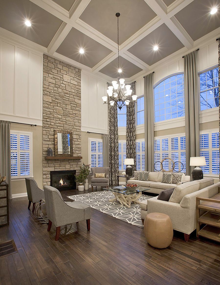 Neutral Living Room with High Coffered Ceiling
