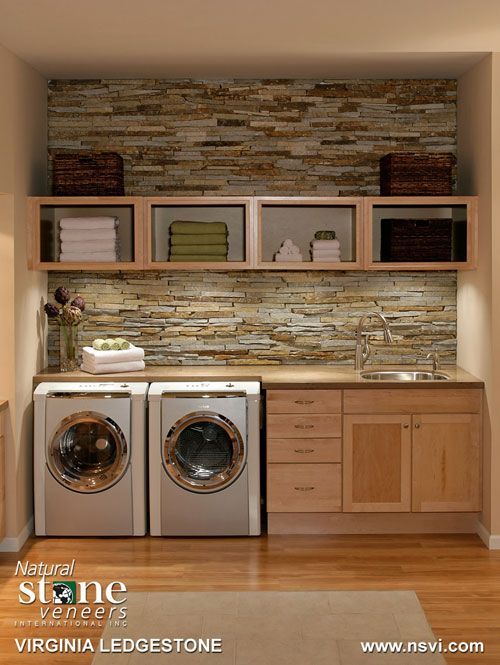 Organized laundry with brick backsplash….love the brick backsplash for a kitchen