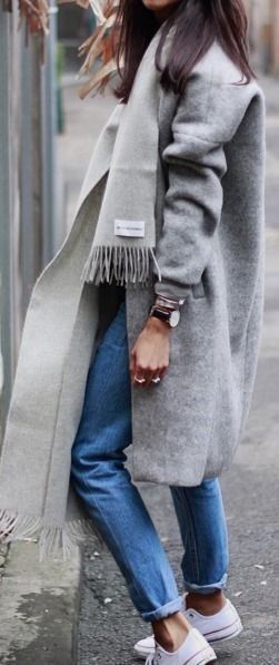 Outfit inspiration for AW16 Simple jeans, grey oversized coat and could be complet