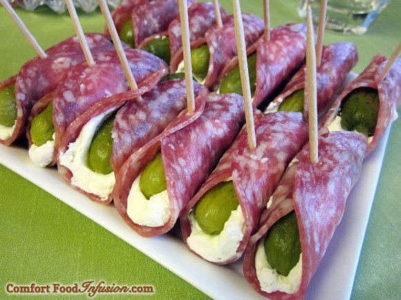 Pickles in a blanket. Mini dill pickles wrapped with cream cheese and salami. comf