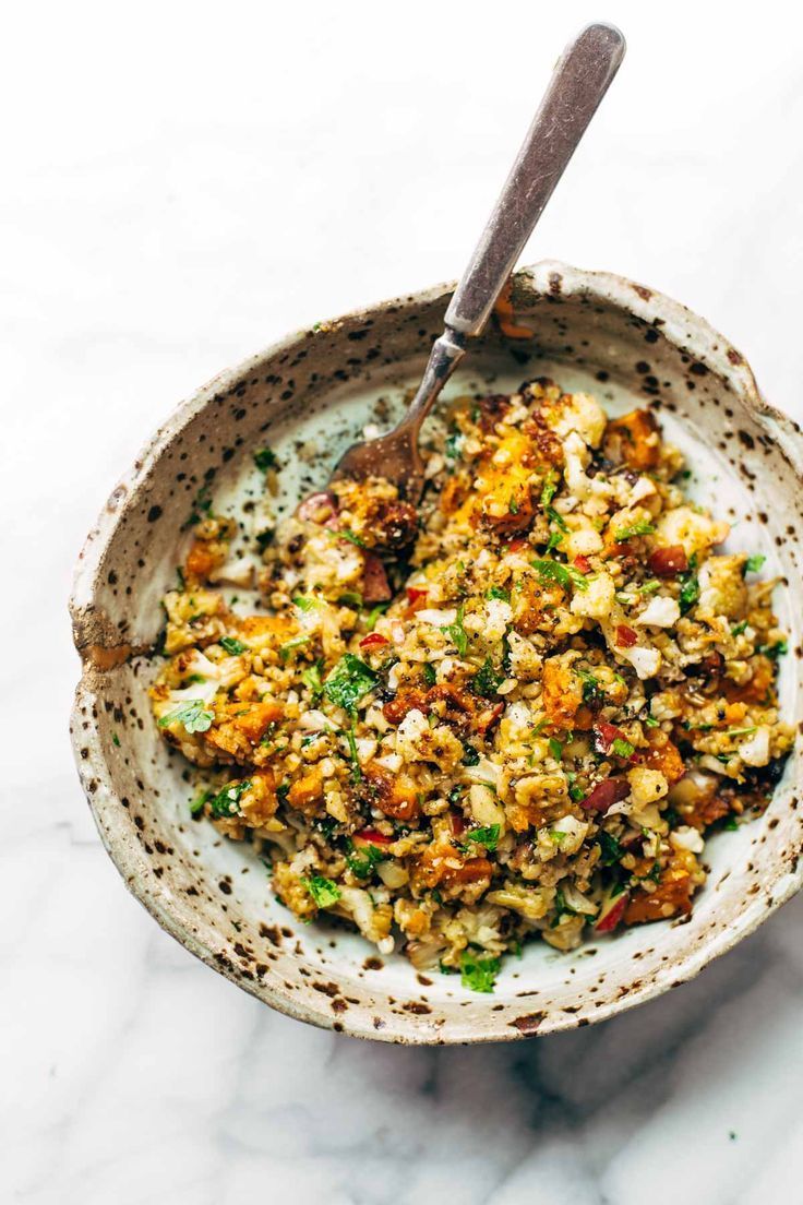 Roasted cauliflower, sweet potato, grains, and apples.