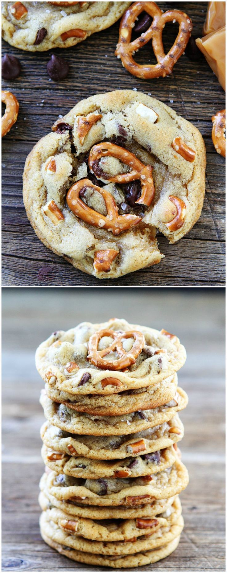 Salted Caramel Pretzel Chocolate Chip Cookie Recipe on twopeasandtheirpo… The BE