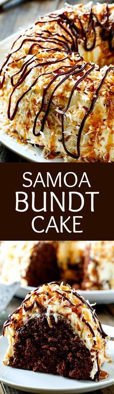 Samoa Bundt Cake ~ A moist chocolate cake covered in caramel icing and toasted coc