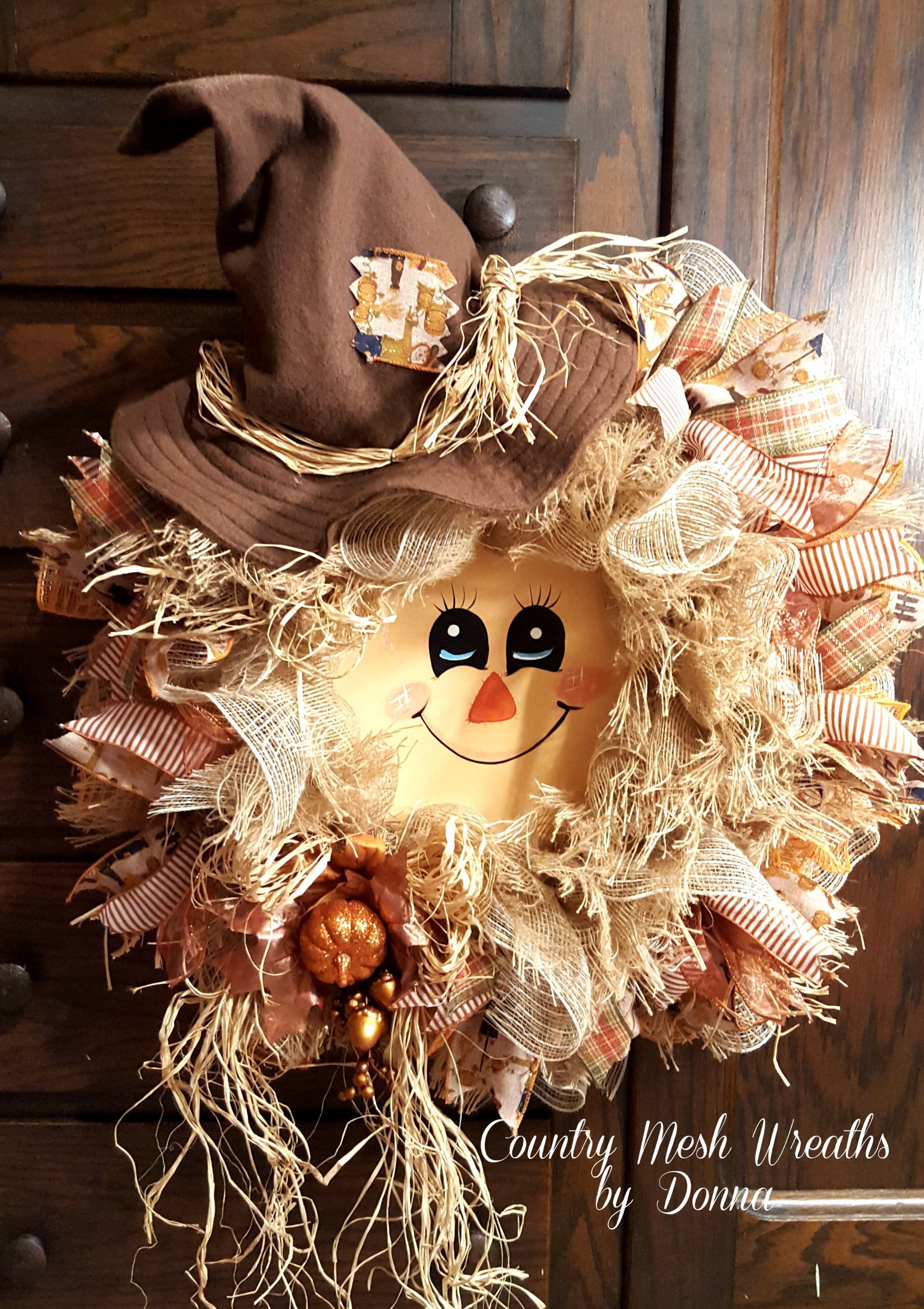 Scarecrow Wreath for Fall! Hand painted face and Handmade hat. Frayed Burlap Mesh