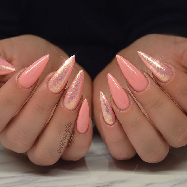 Shimmery Coral Stiletto Nails