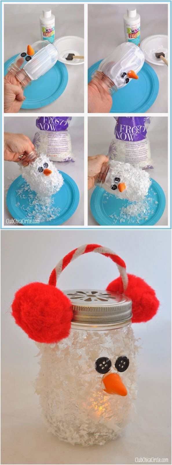 Snowman Mason Jar Luminary Super cute winter DIY craft idea for kids. Makes fun gi