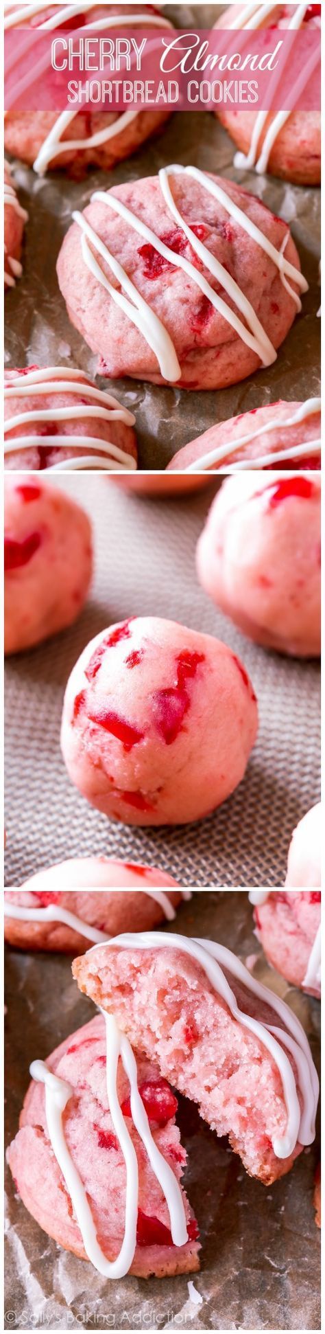 Soft and buttery shortbread cookies flavored with cherry and almond, then finished