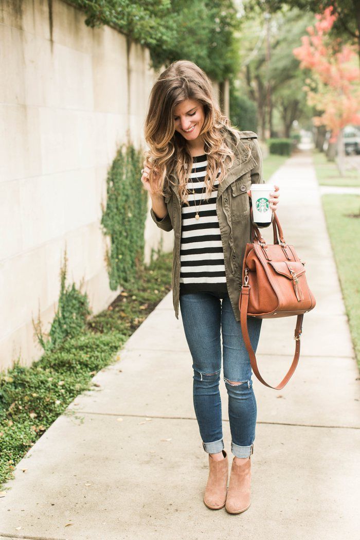 Striped tee + utility jacket + jeans + booties