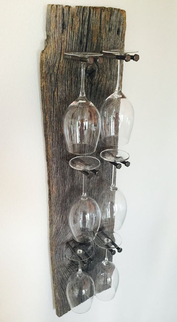 Stunning reclaimed wood wine glass rack with remarkable detail and an industrial e