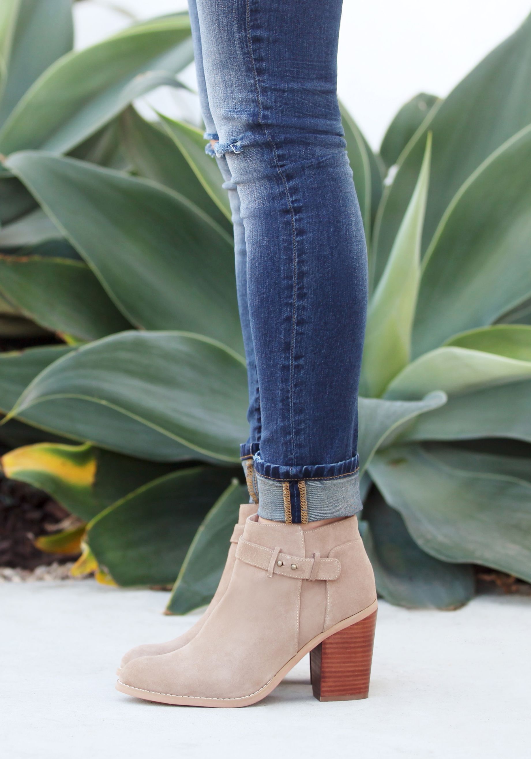 Taupe suede block heel bootie with buckle detailing at the ankle | Sole Society Ly