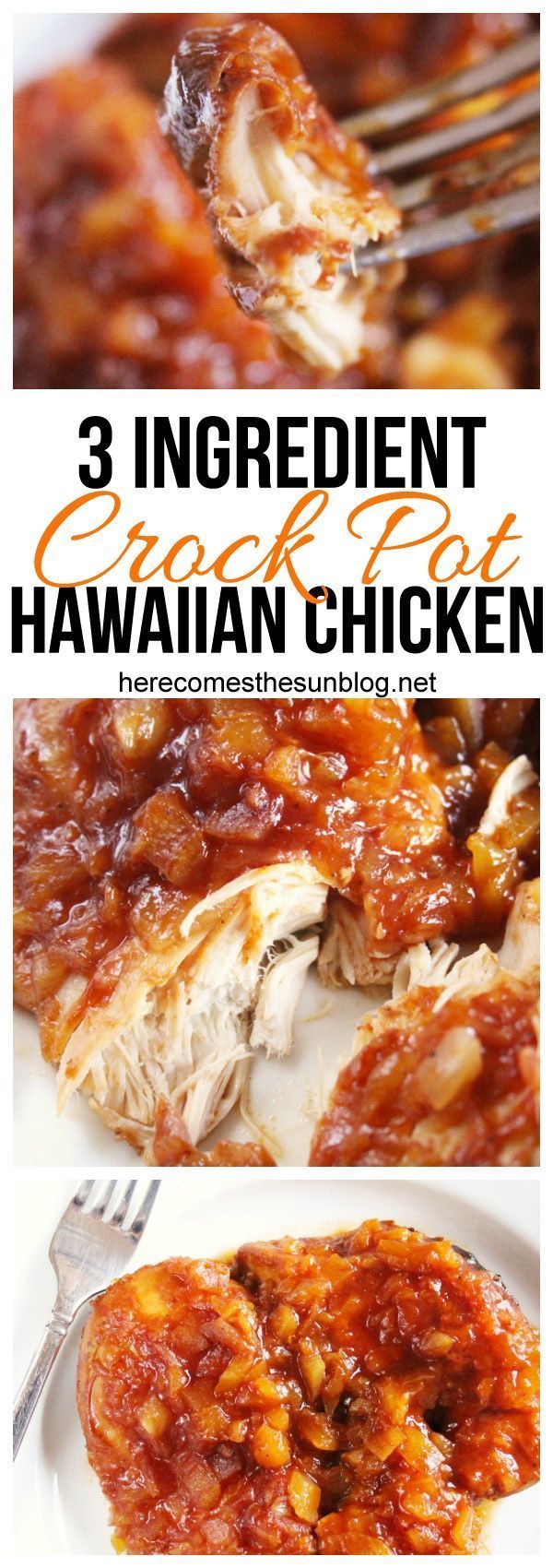This crock pot Hawaiian chicken has only three ingredients and is super easy to ma