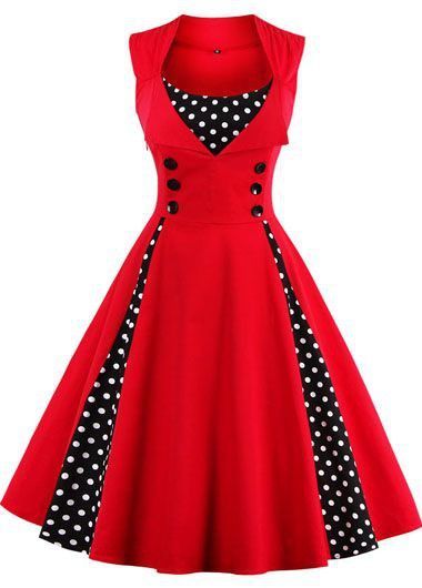 Vintage 50s Style Red Polka Dot Print Sleeveless Swing Party Dress