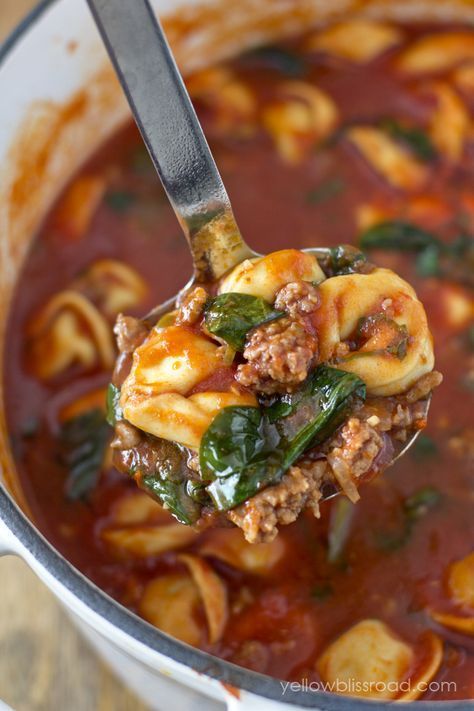 You wont get enough of this tortellini soup with Italian sausage and spinach.