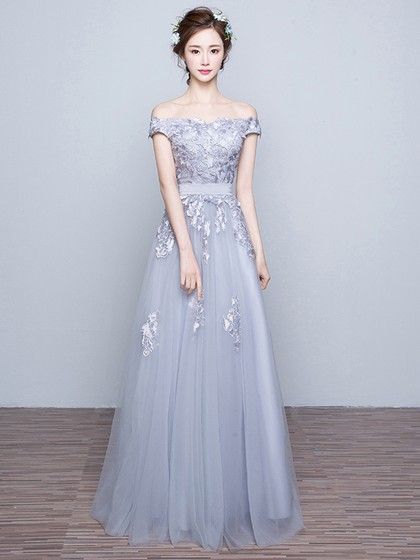 A-line Gray Tulle Appliques Lace Discounted Off-the-shoulder Prom Dresses – picked
