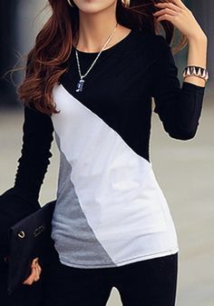 Black Patchwork Color Block Round Neck Long Sleeve Casual T-Shirt – T-Shirts – Top
