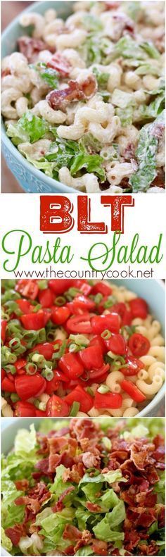 BLT Pasta Salad recipe at The Country Cook. Corkscrew pasta with lots of bacon and