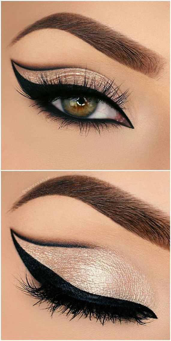 bold grapic cat eye outline / half cut crease in black + gold glitter | makeup @va