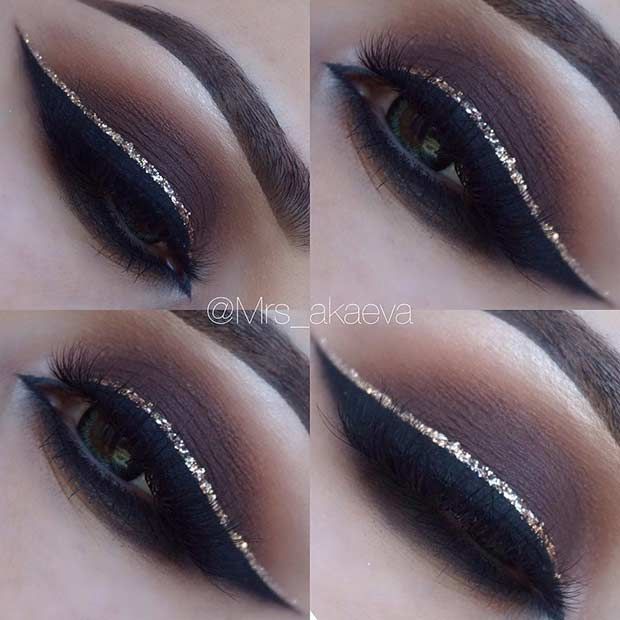 Brown Smokey Eye + Gold Glitter Eyeliner