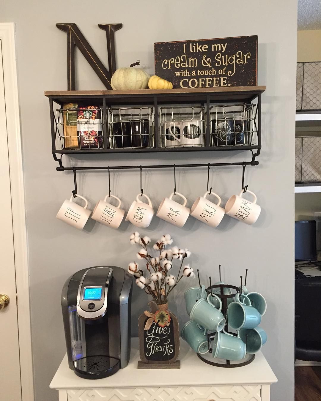 Coffee Station | Metal & Wood Shelf with Baskets & 7-Hooks | Shop Hobby Lo