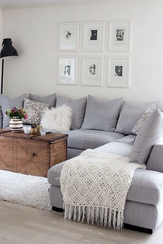 Cosy grey L shape sofa with cute little chest coffee table