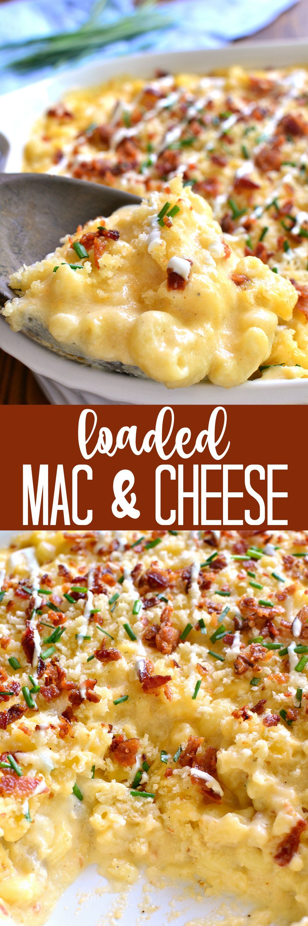 Deliciously creamy Baked Mac & Cheese, loaded with sour cream, bacon, and chiv