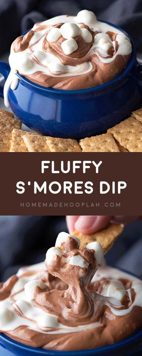 Fluffy Smores Dip! Fluffy marshmallow and chocolate dips are swirled together