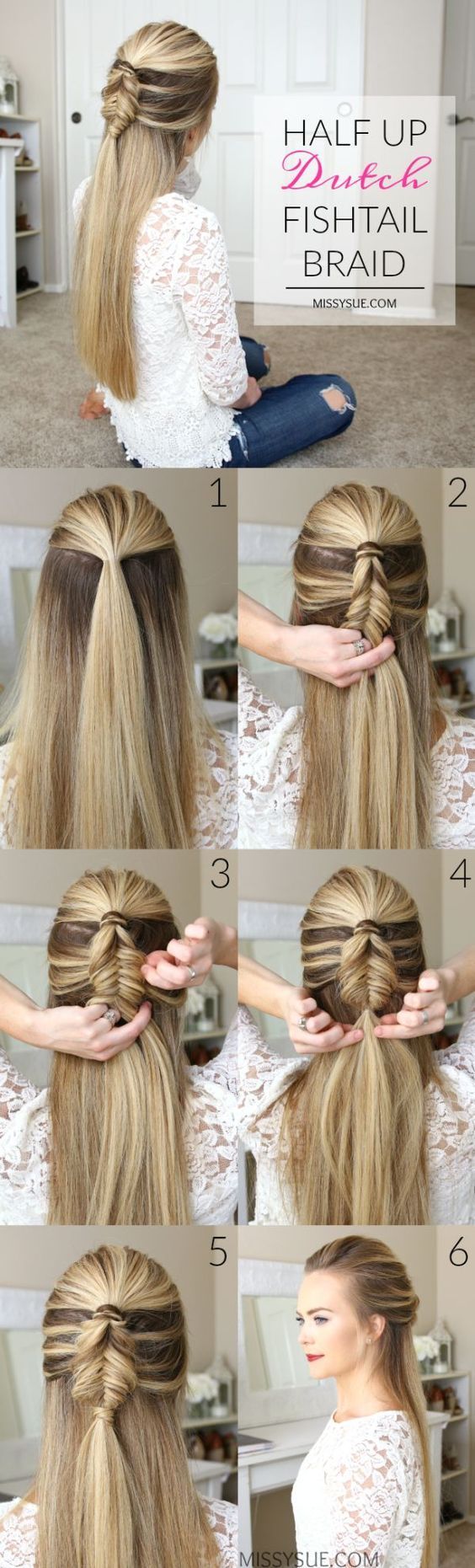 Half-up dutch fishtail braid hairstyle tutorial: More