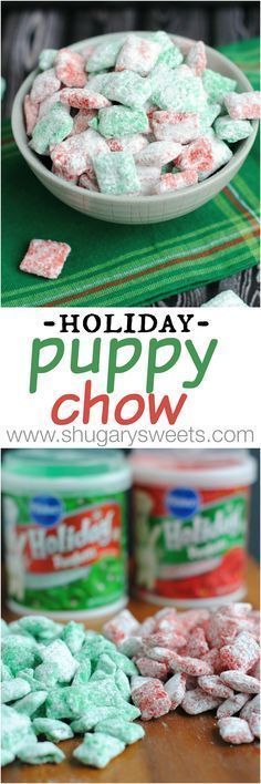 Holiday Puppy Chow: festive red and green muddy buddies for Christmas! Get snackin