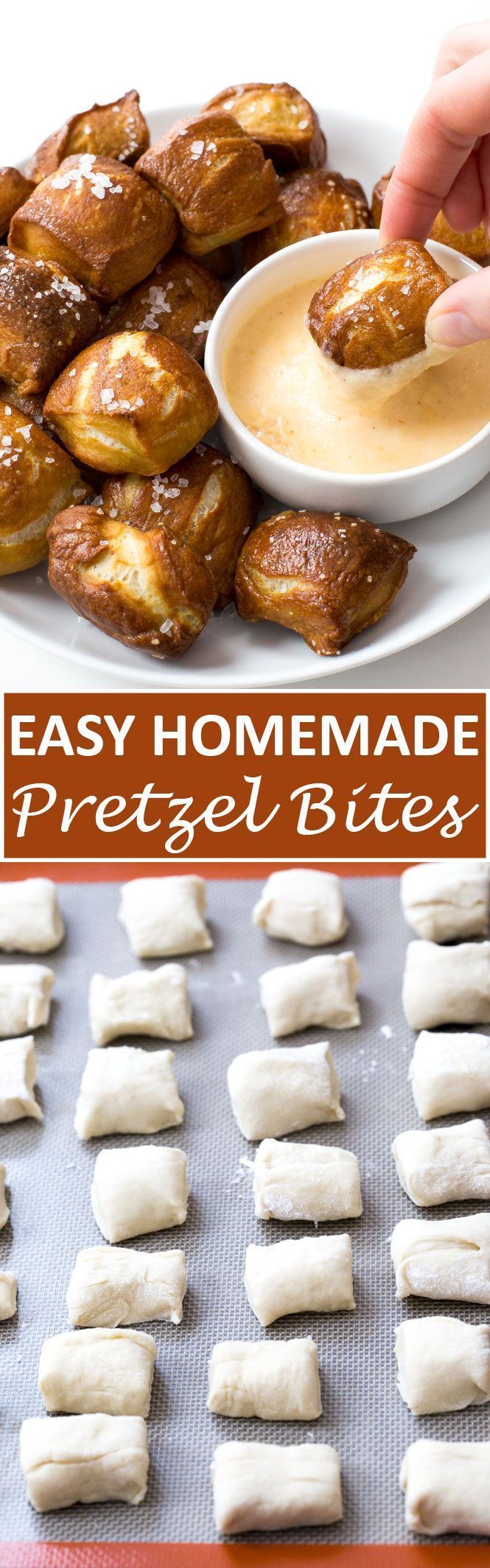 Homemade Pretzel Bites with a creamy cheddar cheese dipping sauce! Popable and sup